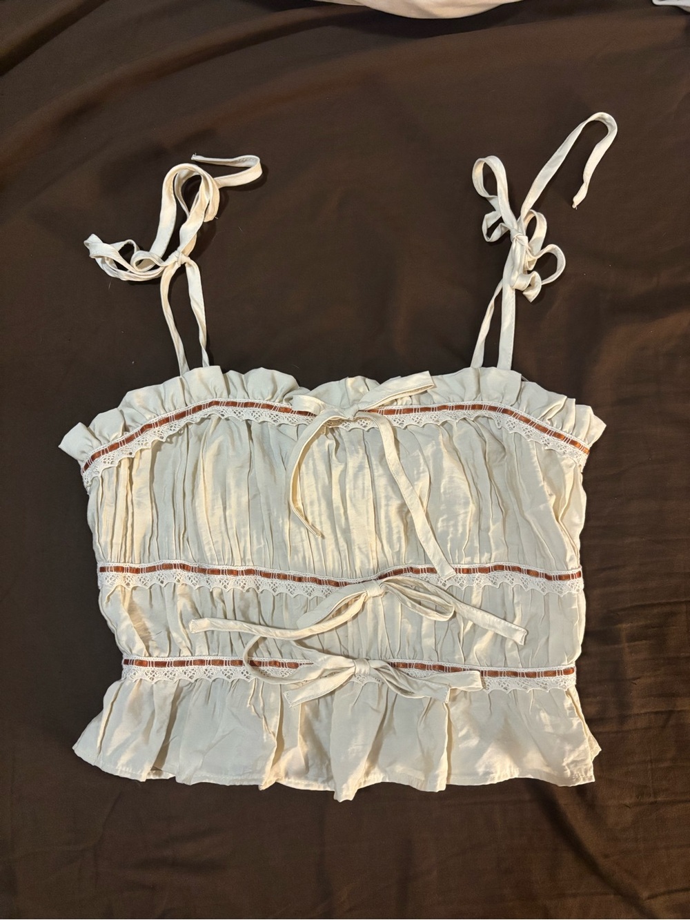Light Cream Tie-Detail Women's Ruffled Crop Top